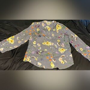 Calvin Klein Striped Floral Botanical Long Sleeve Blouse Medium